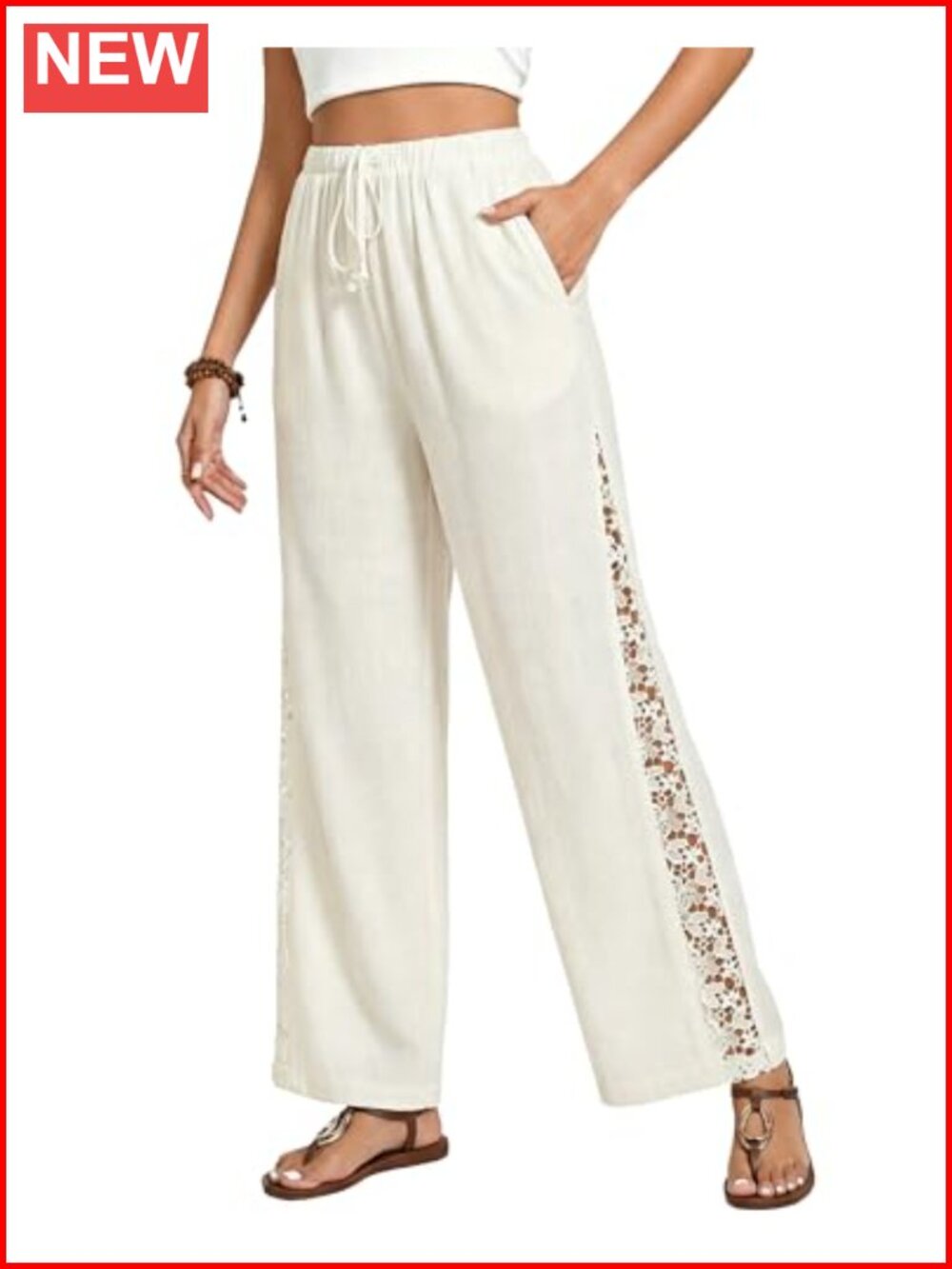 Wide Leg Linen Pants Floral Crochet Pull On High Waist Casual
